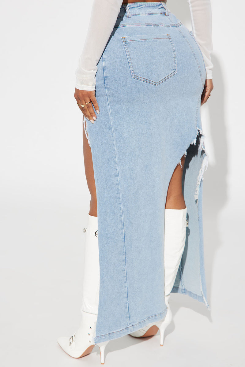 Mixed Signals Denim Maxi Skirt Light Wash Fashion Nova, Skirts