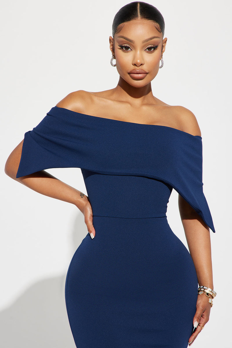 Navy blue off the shoulder bodycon dress online