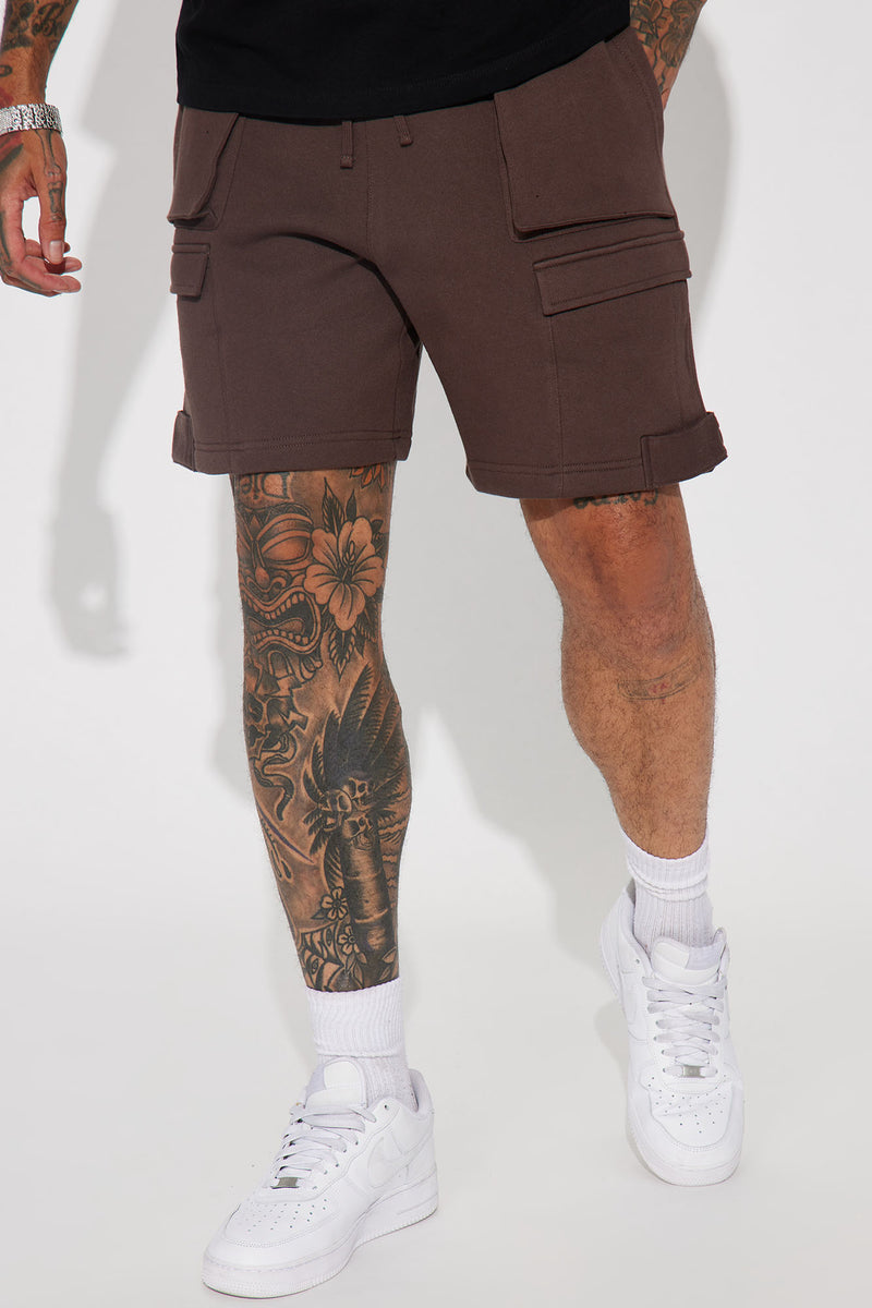 Chocolate brown cargo shorts on sale