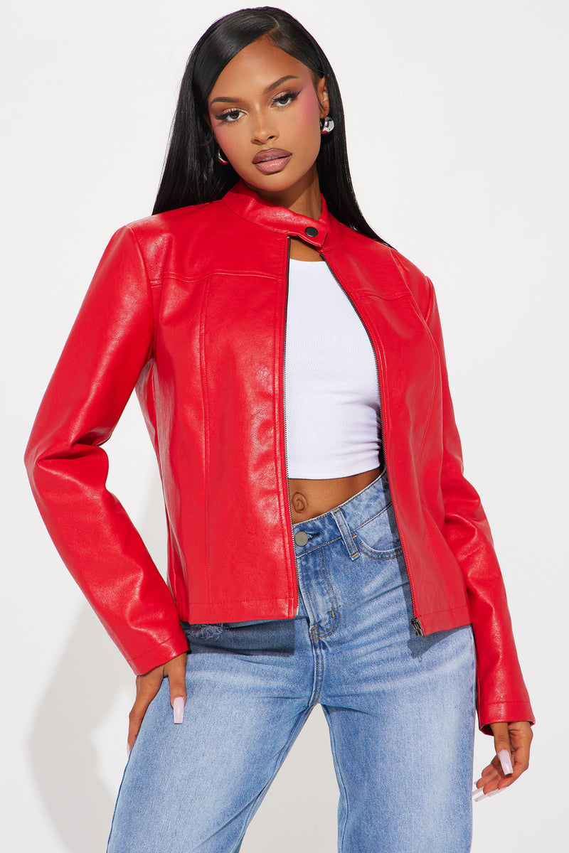 Red fake leather jacket sale