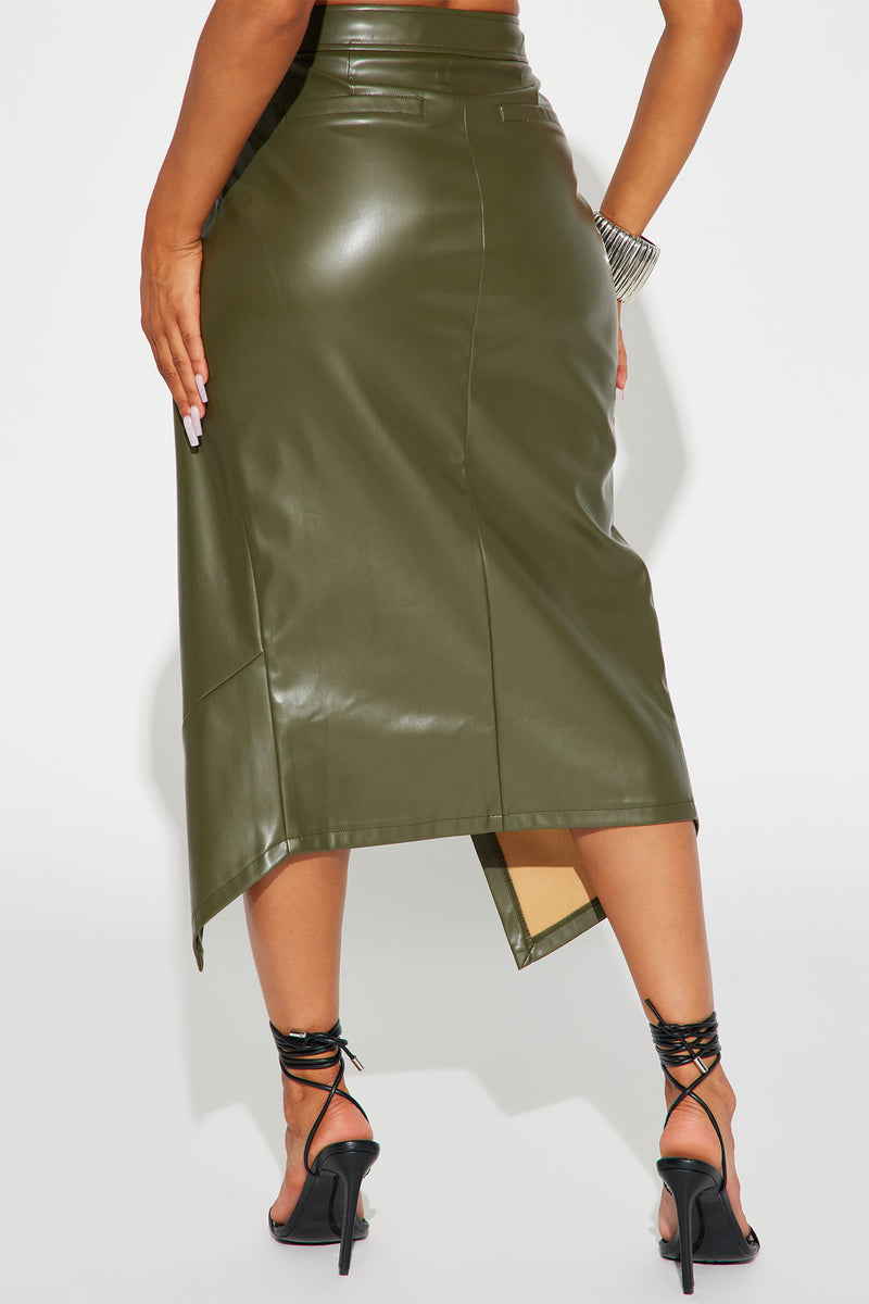 Olive green 2025 leather midi skirt