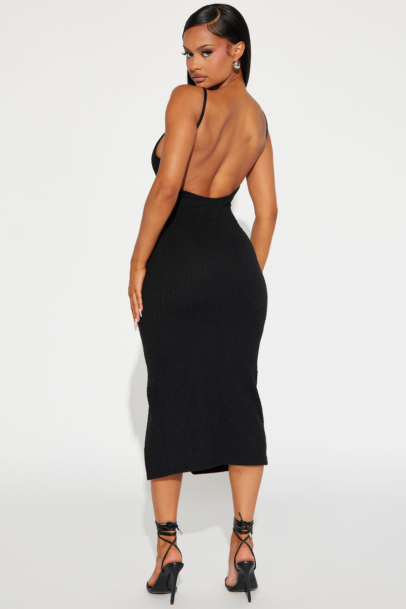 Lilianna Backless Textured Midi Dress Black Fashion Nova