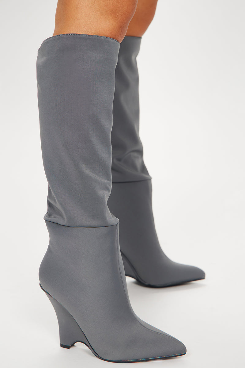 Grey wedge knee high cheap boots