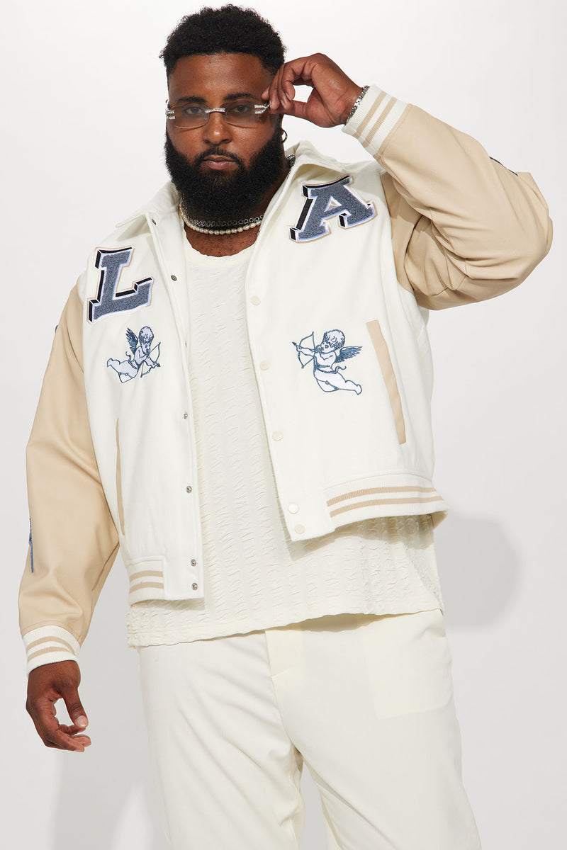 Men's La Patchwork Varsity Jacket Combo in Royal Size XL by Fashion Nova