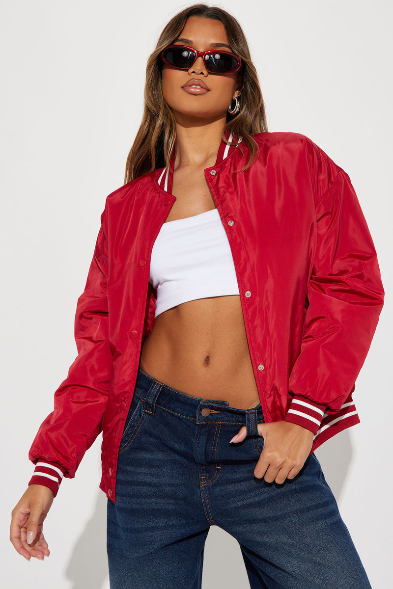 Red satin sales bomber jacket