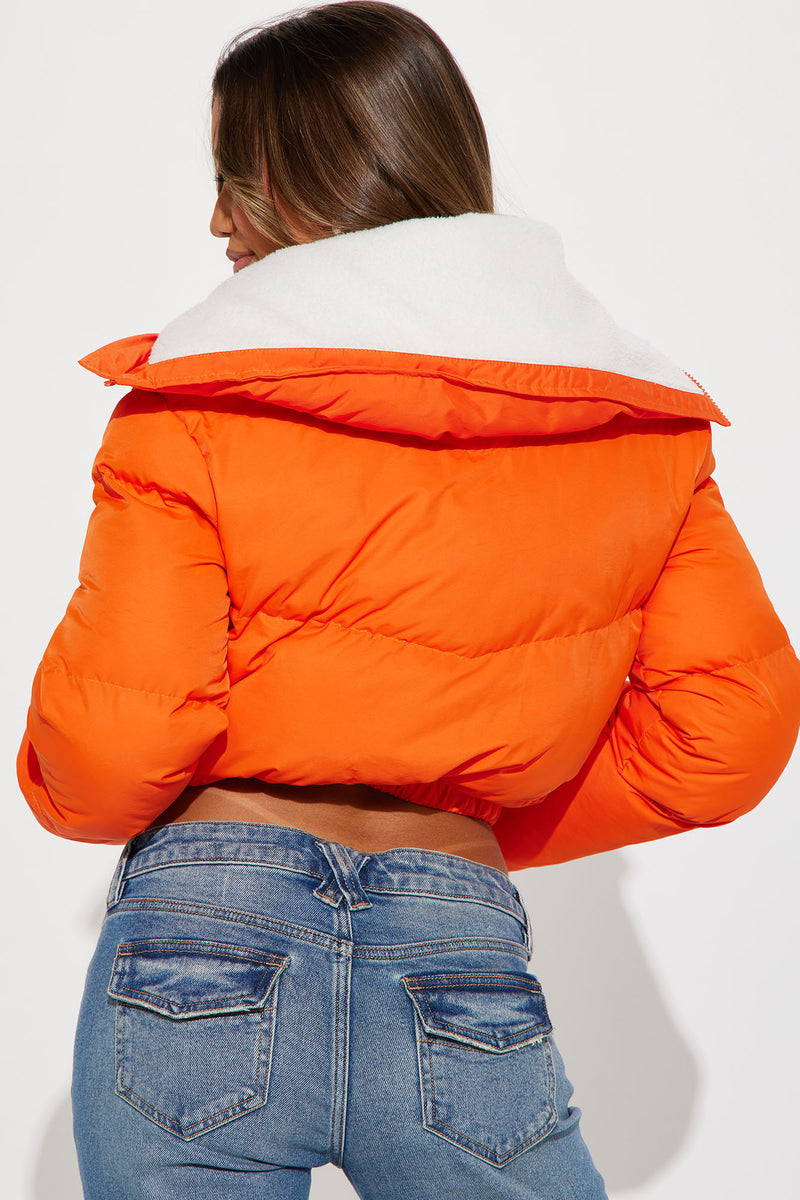 Womens orange puffer coat discount