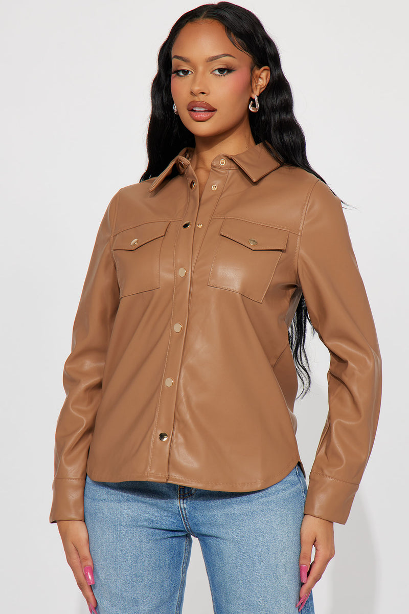 Enola Faux Leather Shirt Camel