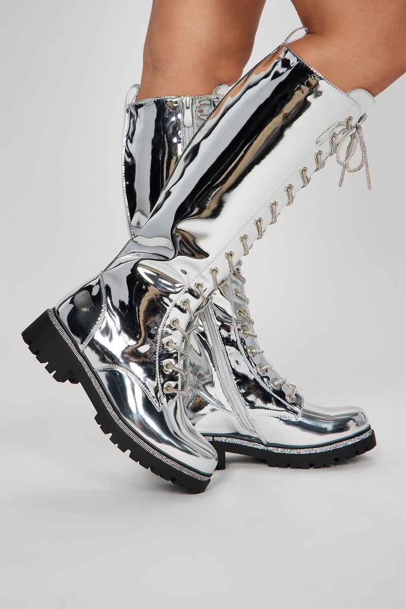 Feeling A Way Knee High Combat Boots Silver