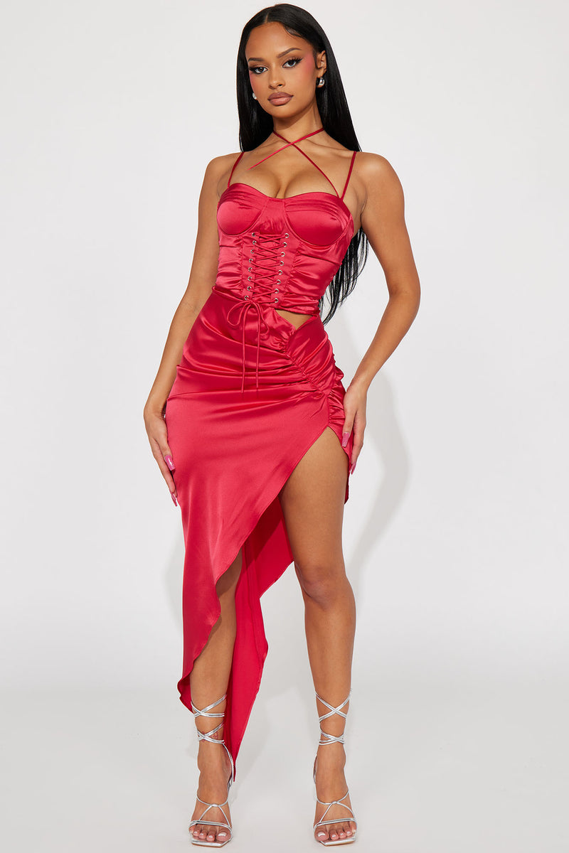 Lace Up Satin Maxi Dress