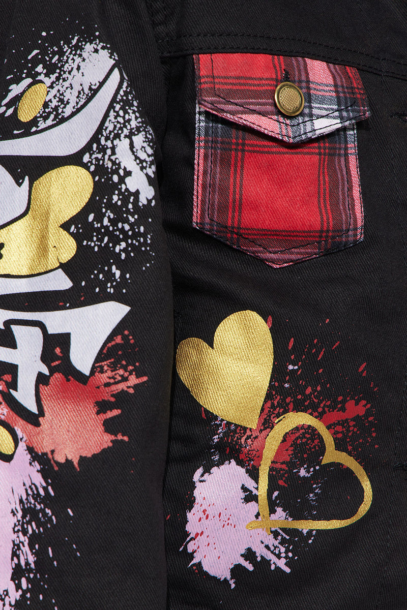 Black jean jacket with red roses clearance