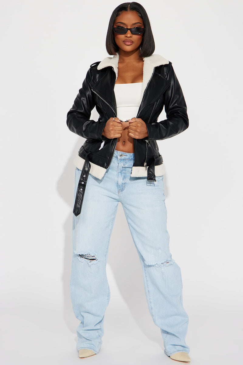 Black contrast faux fur aviator jacket sales