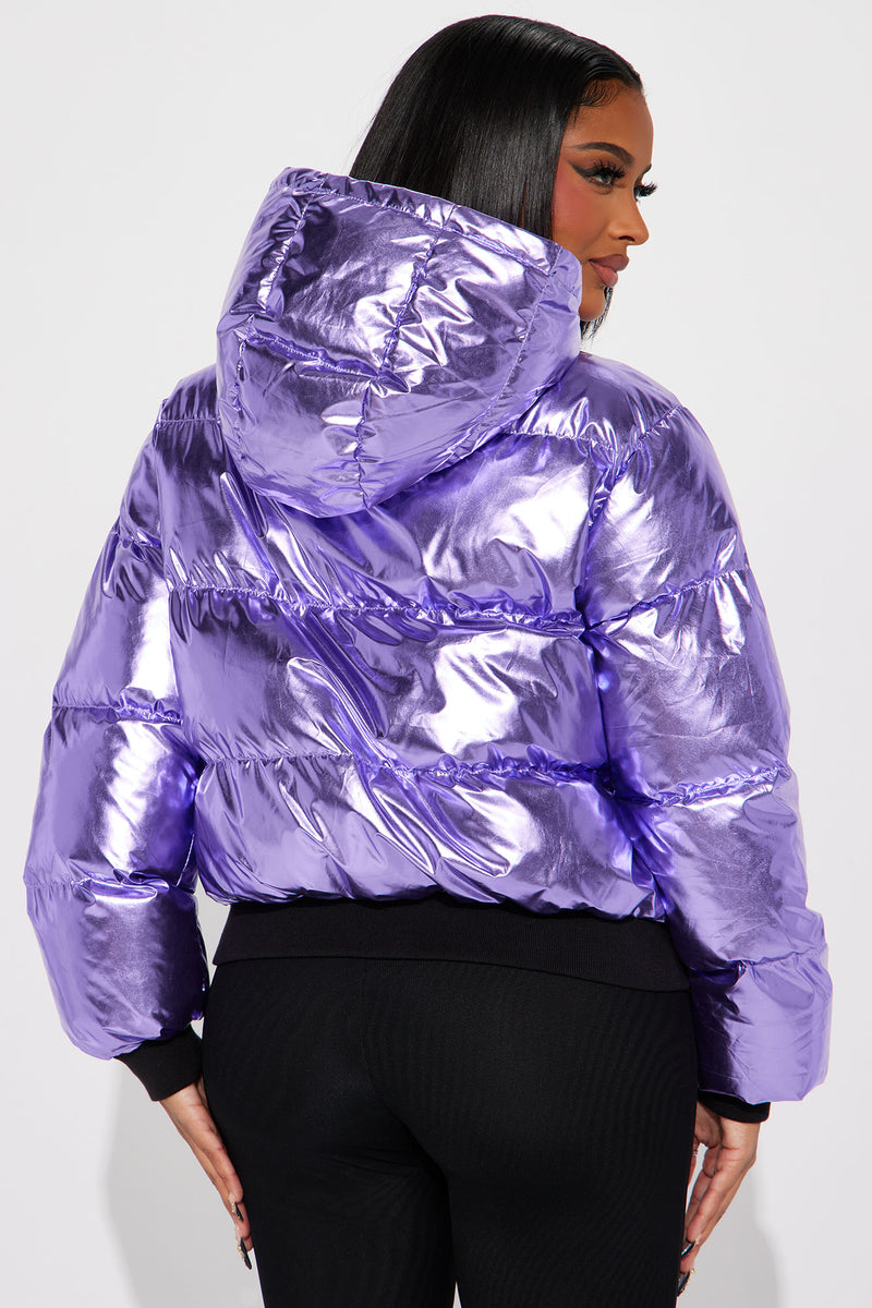 Purple metallic puffer jacket clearance