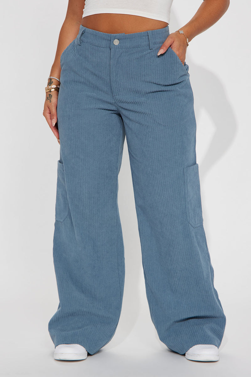 French Blue Patchwork Corduroy Winter Pants With High Waist And Wide Leg Fleece Lined Unisex main image 0