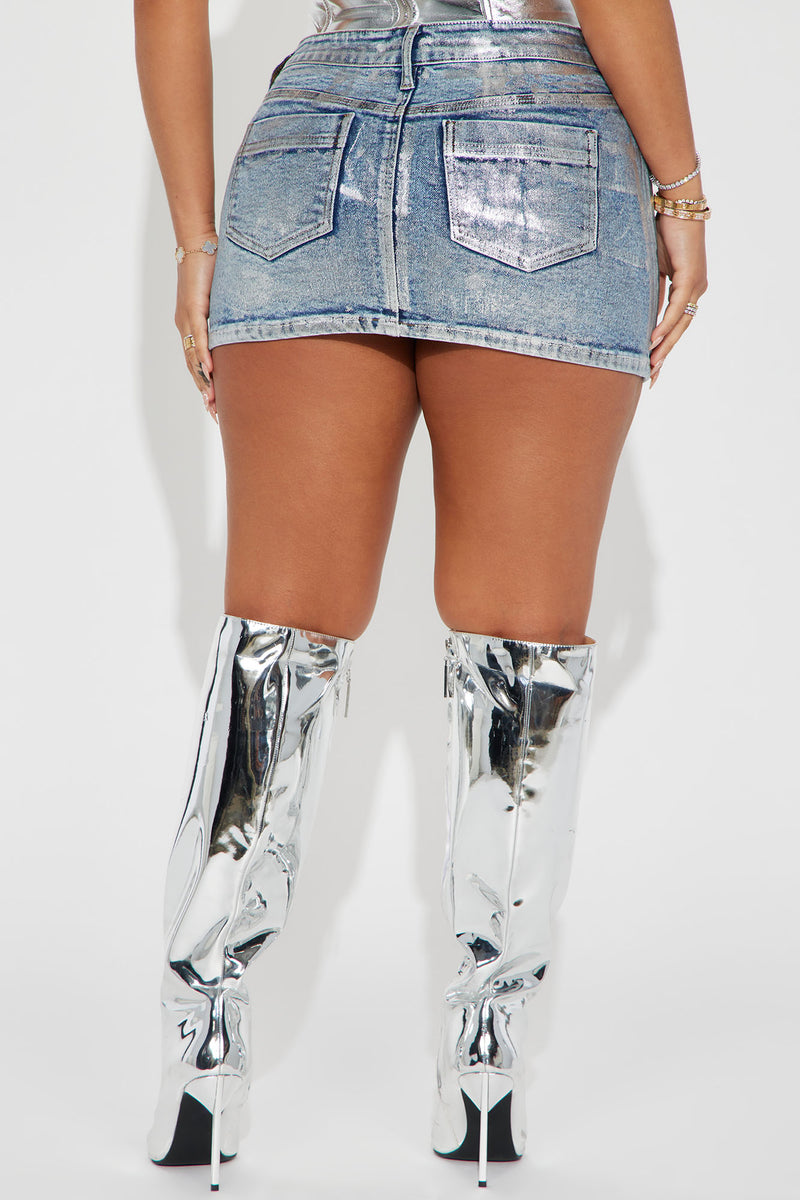 Stand Your Ground Micro Mini Denim Skirt Silver Fashion Nova