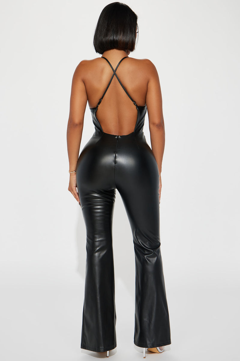 Make Me Wonder Faux Leather Jumpsuit Black