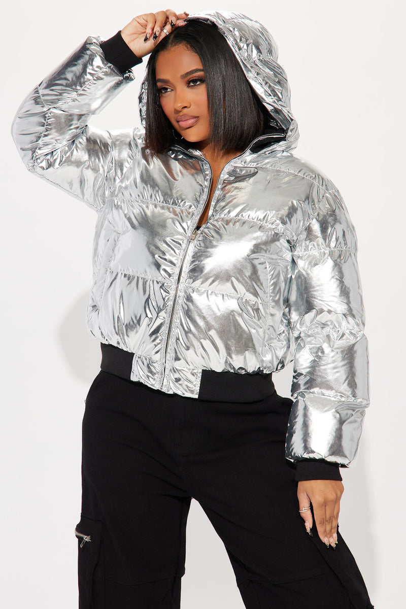 Women's Taking Off Metallic Puffer Jacket in Silver Size Xs by Fashion Nova