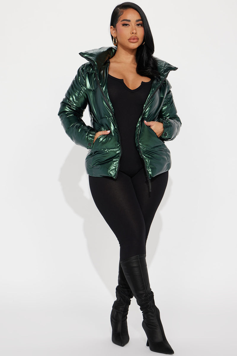 Metallic green puffer jacket sales
