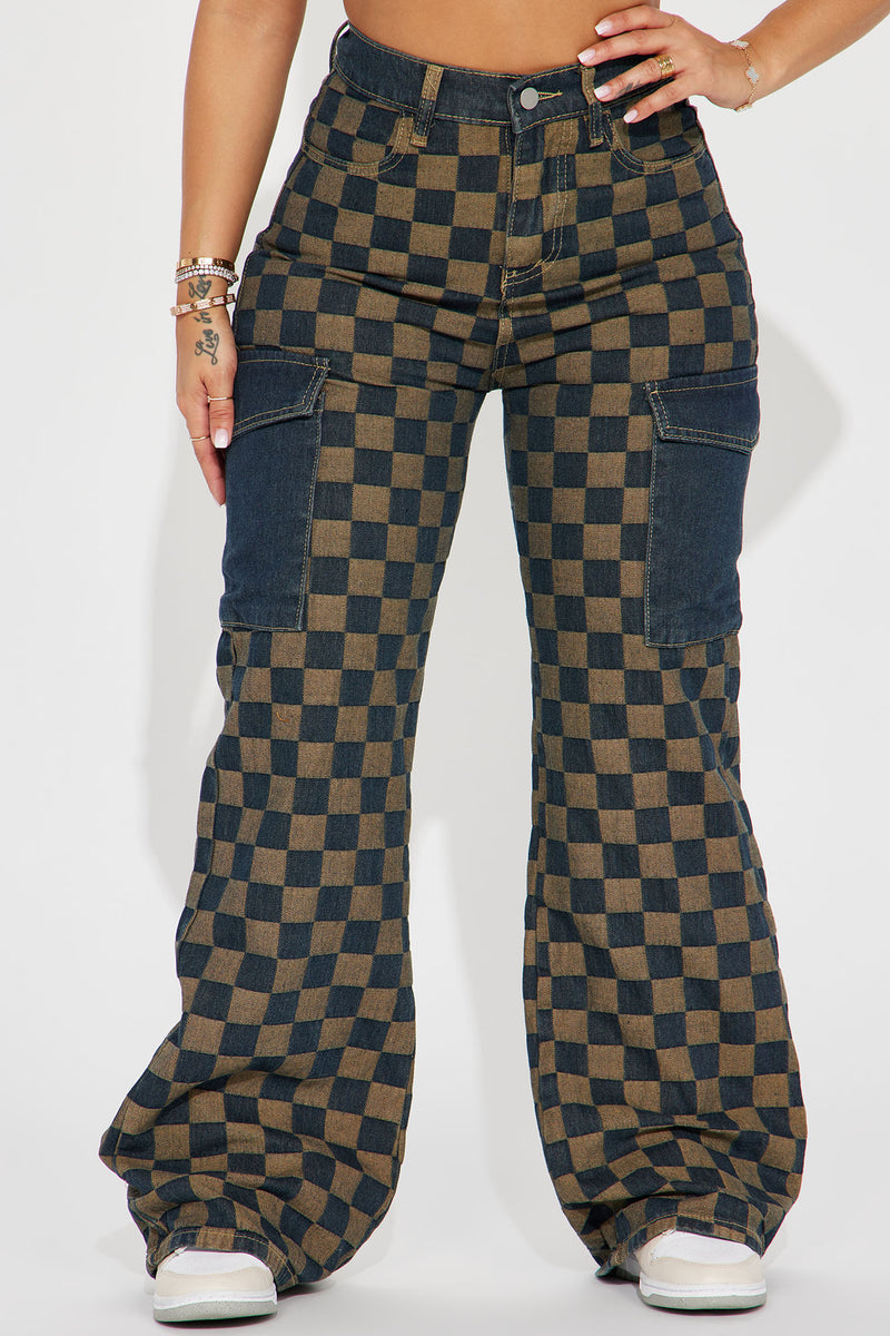 Exactly That Checkered Cargo Jeans Dark Combo