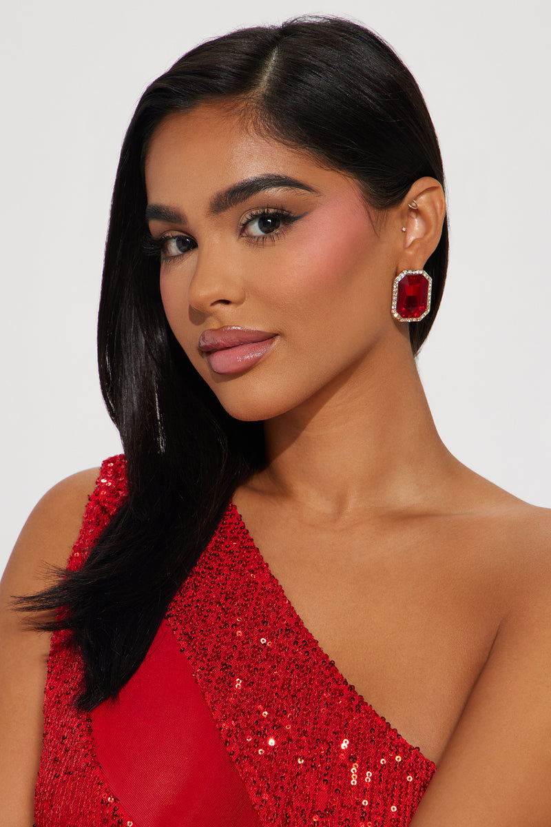 The Little Things Rhinestone Earrings Gold/Red Fashion Nova