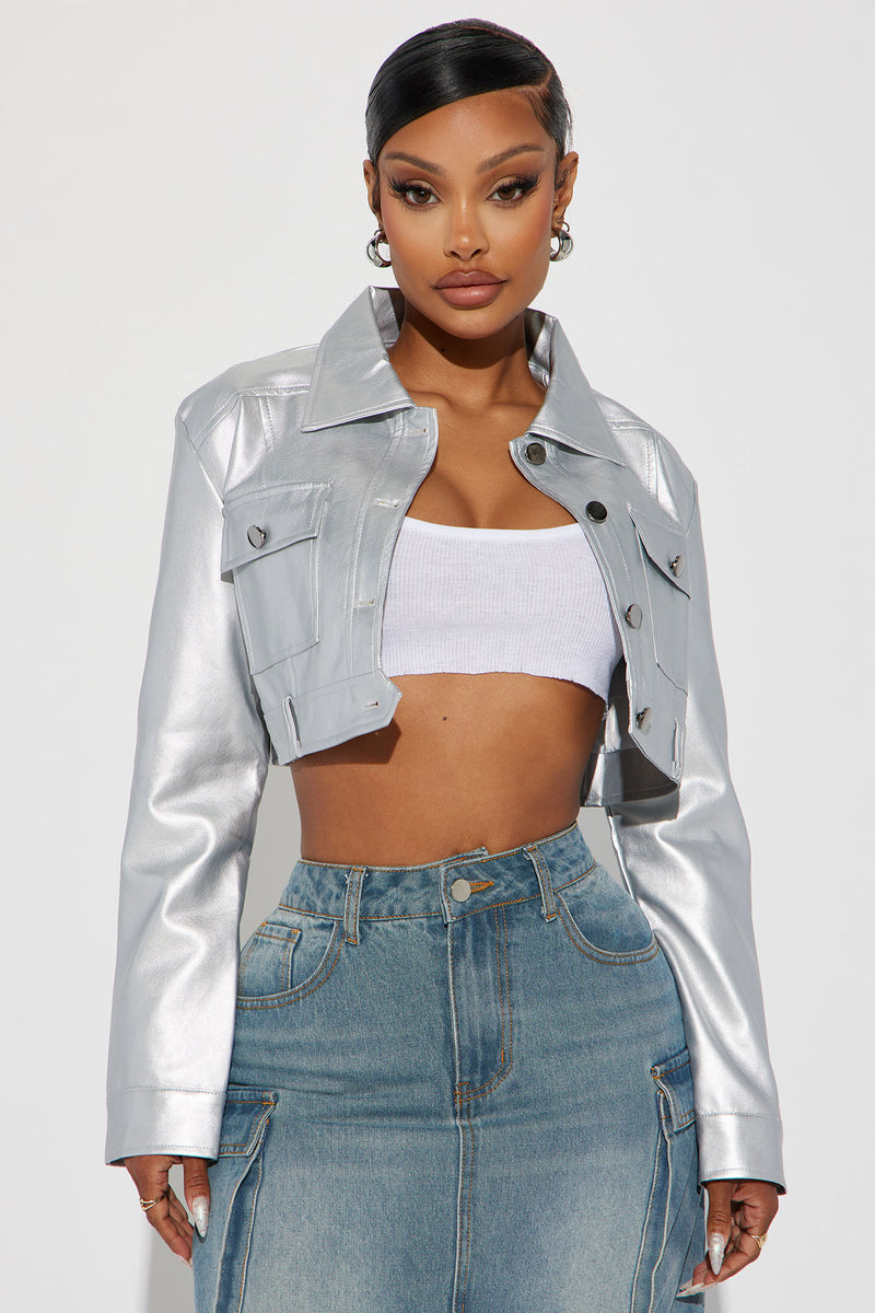 Metallic crop cheap jacket