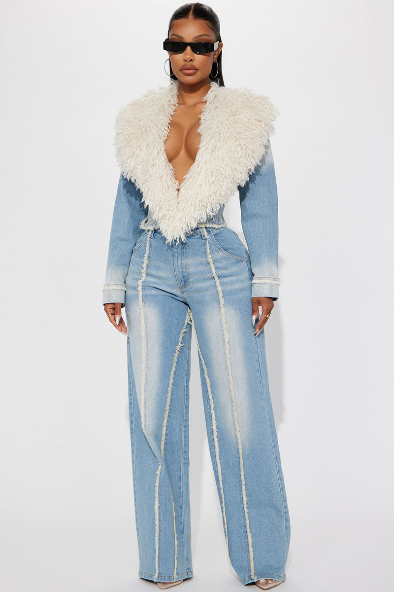 In A Mood Faux Fur Denim Jacket Medium Wash Fashion Nova