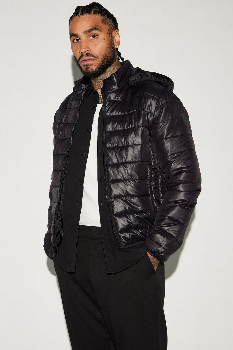 Mens black puffer jacket with 2025 hood