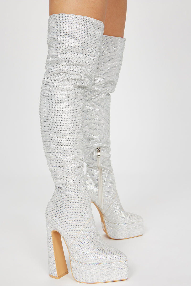 Blair Rhinestone Over The Knee Boots - Silver | Fashion Nova, Shoes | Fashion Nova