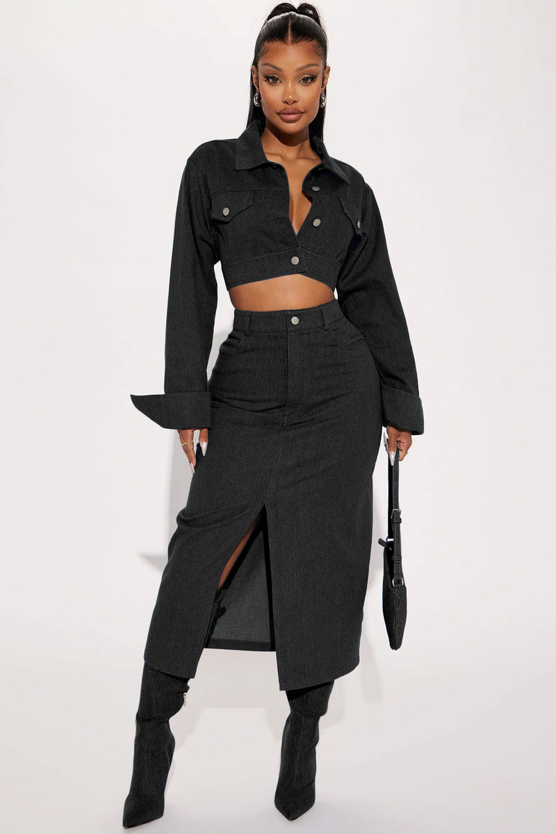 Black denim skirt set clearance