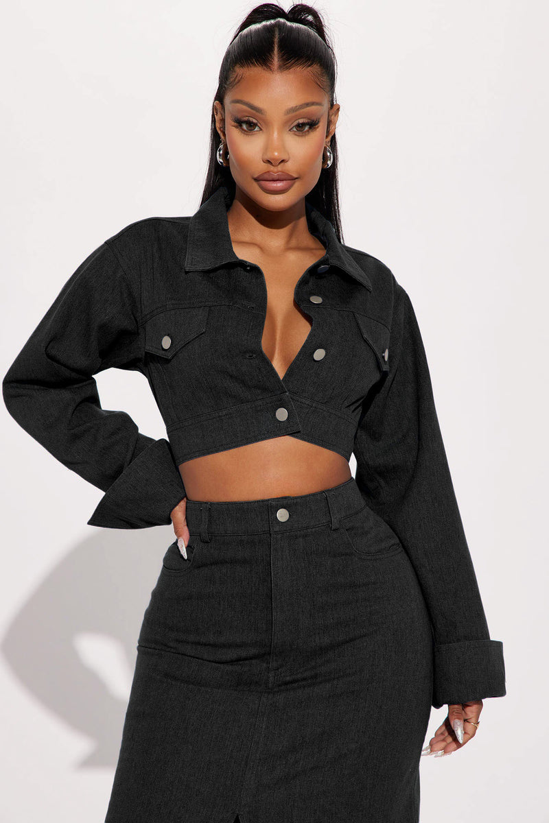Black denim skirt set sale