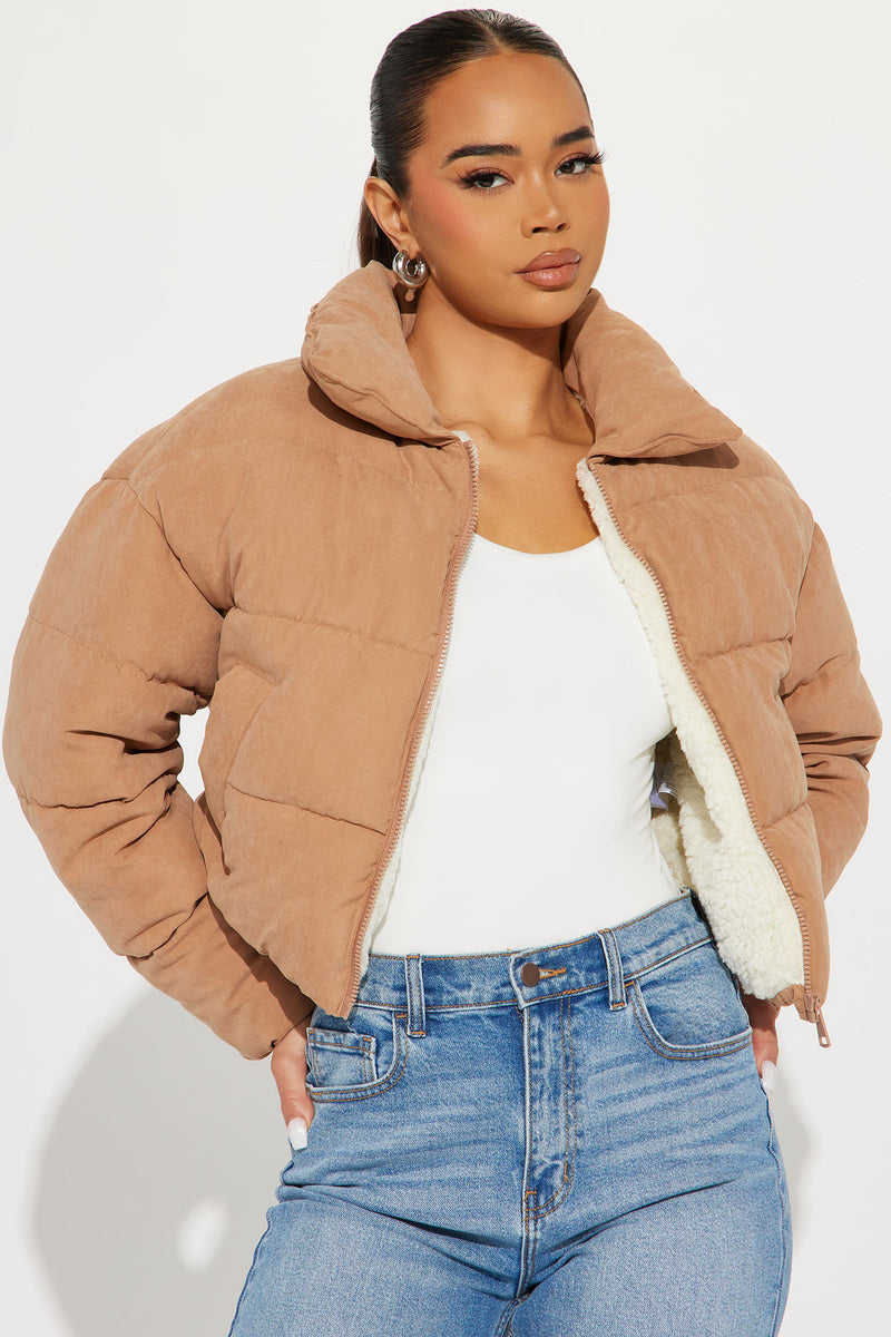 Camel hooded puffer jacket outlet