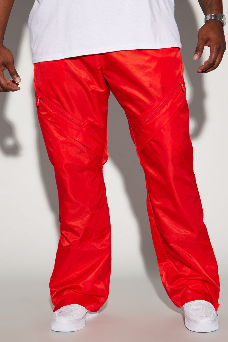 Play The Track Stacked Slim Flare Nylon Pants Red Fashion Nova