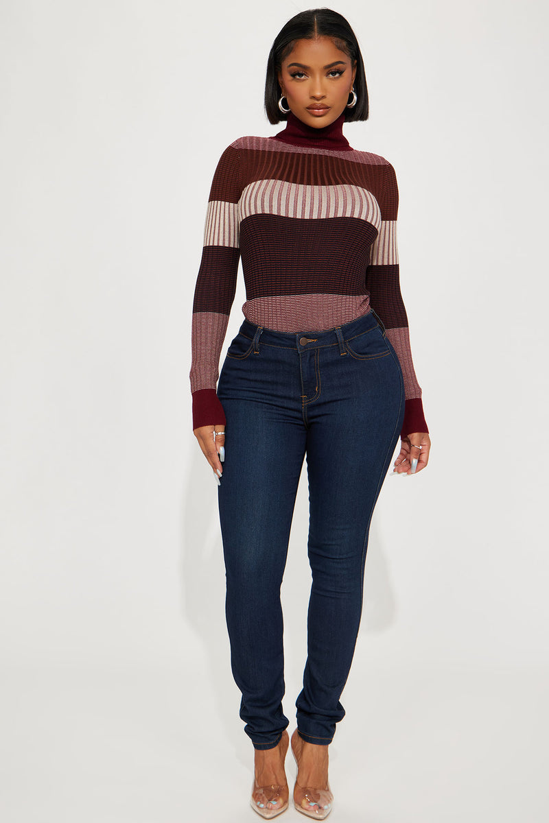 Kyra Turtleneck Ribbed Sweater Burgundy combo Fashion Nova