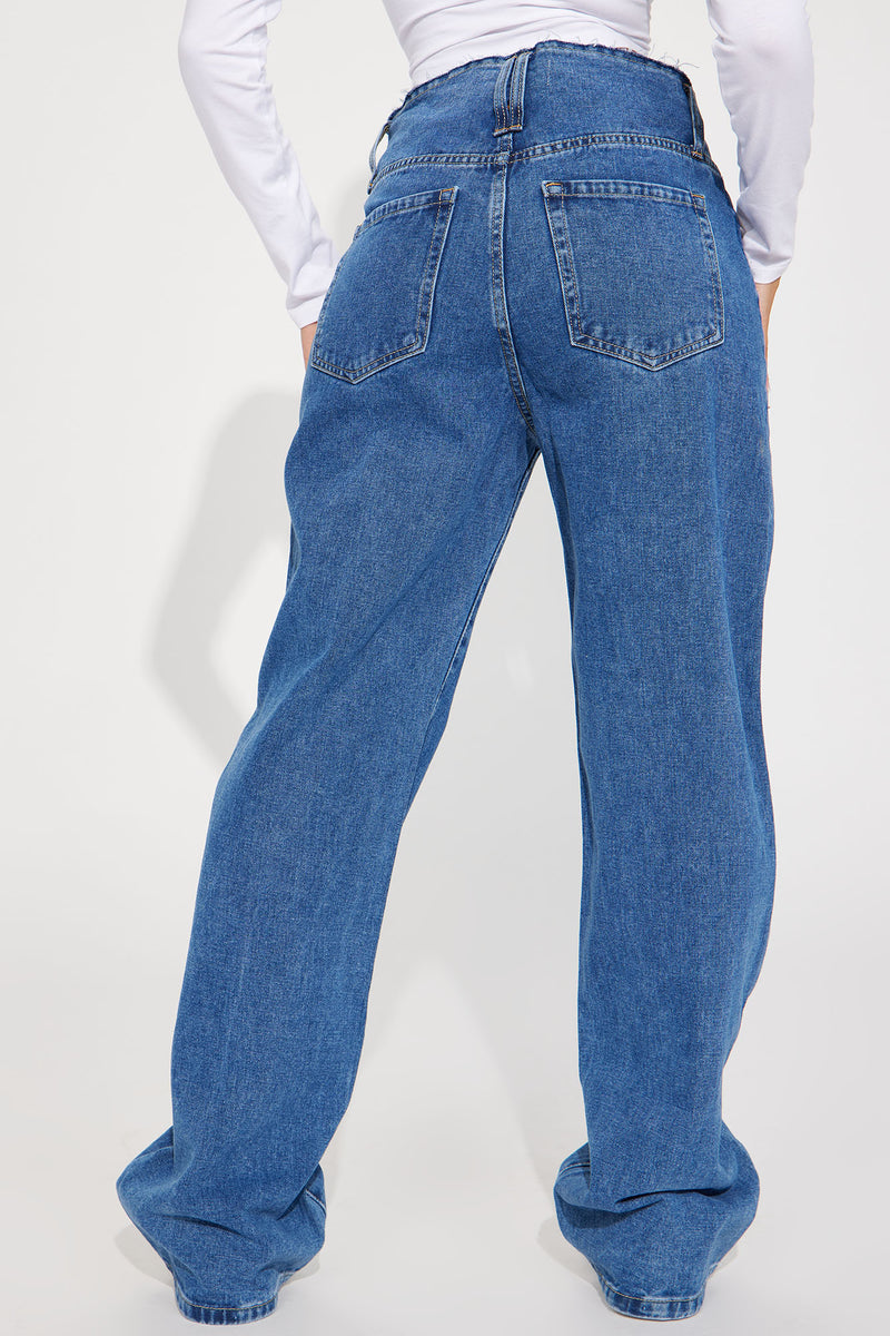 Uphill Cut Off Waistband Baggy Jeans Medium Wash Fashion Nova