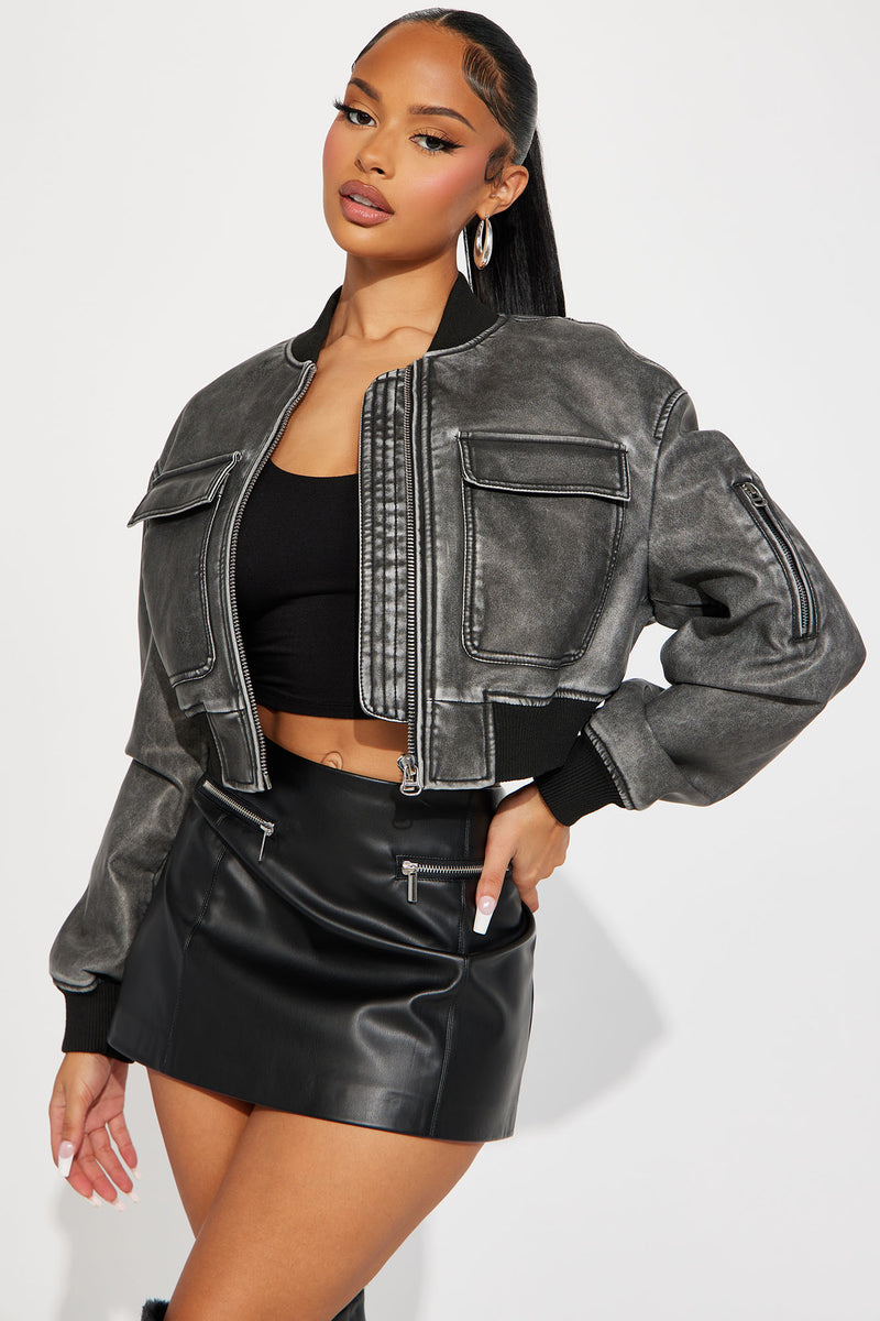 Hazel Washed Faux Leather Bomber Jacket - Charcoal, Fashion Nova, Jackets  & Coats