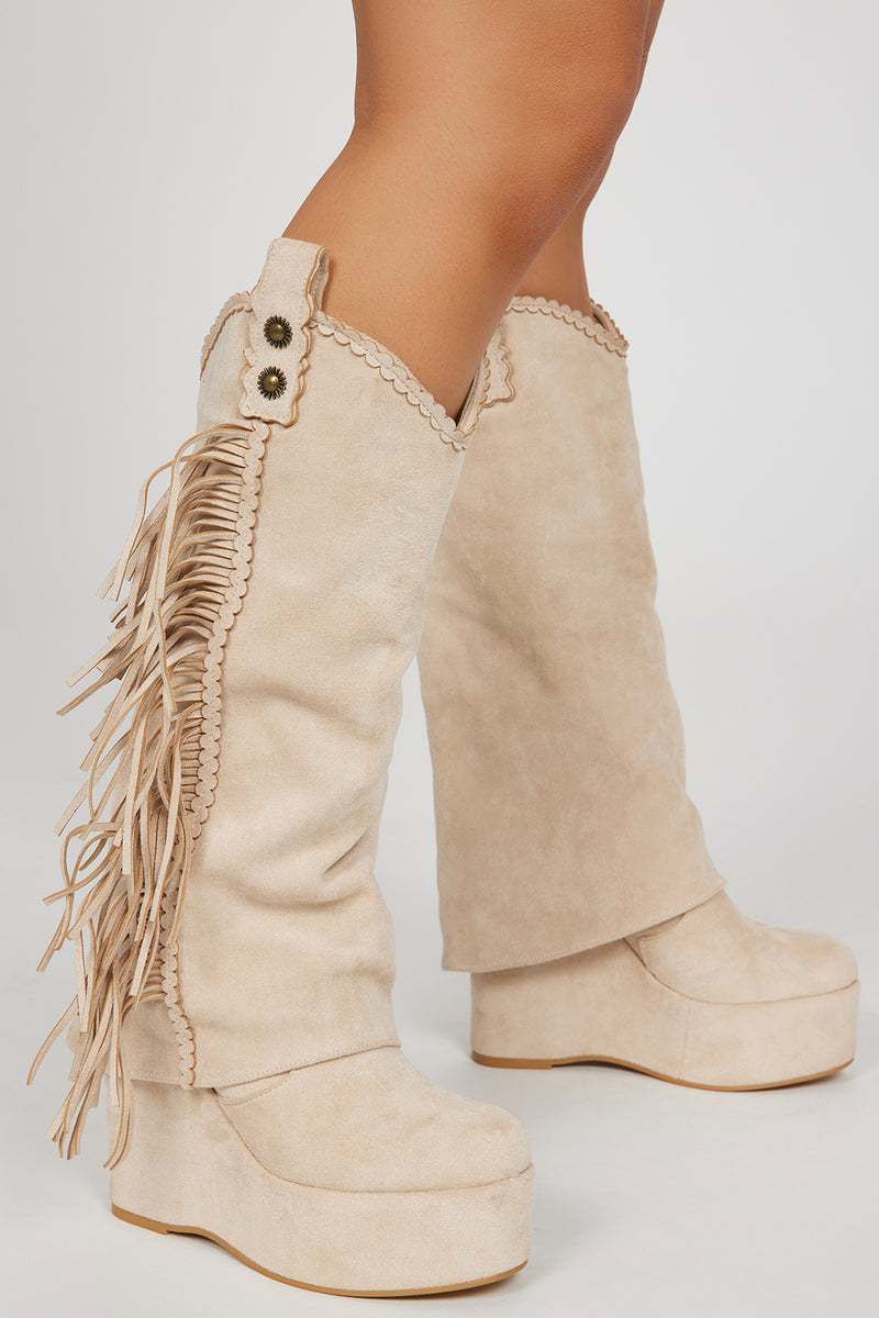 Boho Babe Knee High Heeled Boots Beige Fashion Nova Shoes