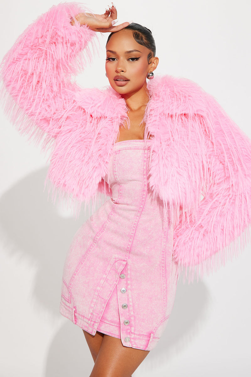 Pink cropped online faux fur jacket