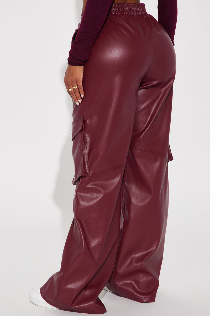 Valencia Faux Leather Cargo Pant - Burgundy