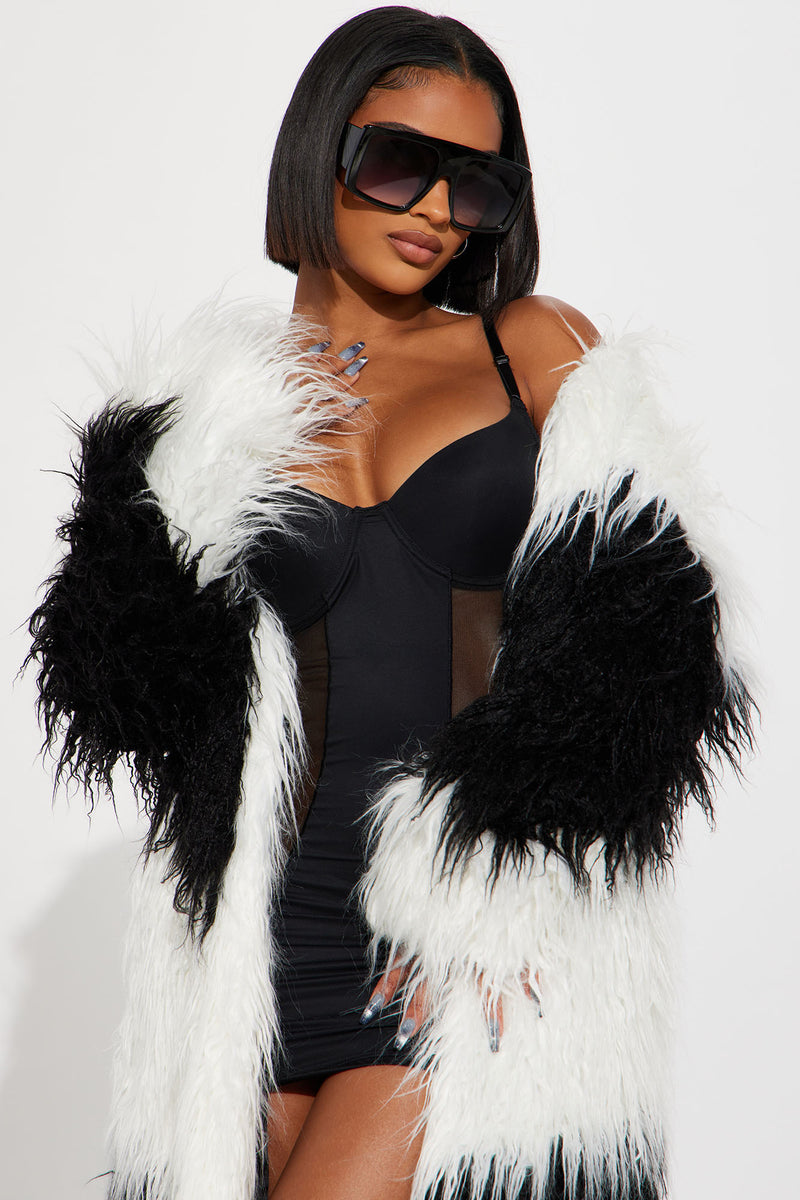 Divine Faux Fur Coat Black White