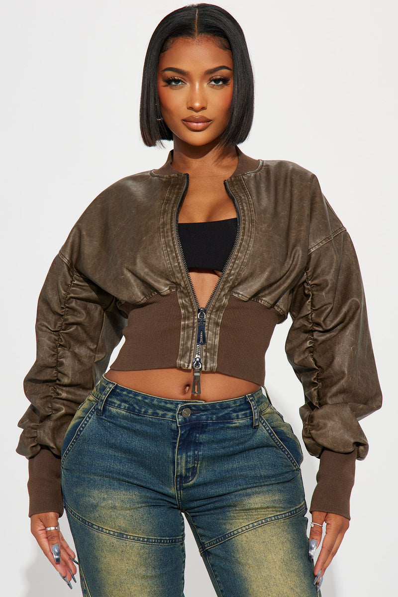 Right Timing Washed Faux Leather Bomber Jacket Brown Fashion Nova