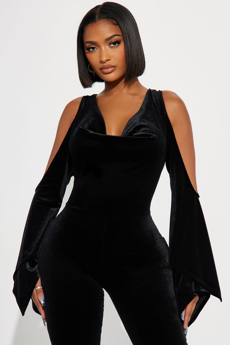 Black velvet shop jumpsuit long sleeve