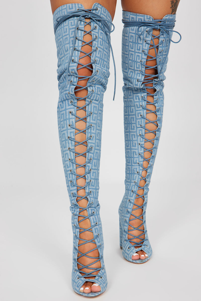Denim thigh high outlet boots fashion nova