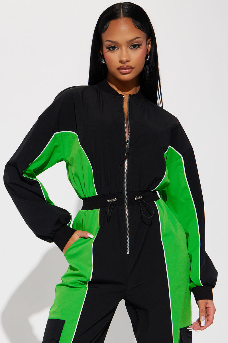 Neon green and black jumpsuit deals