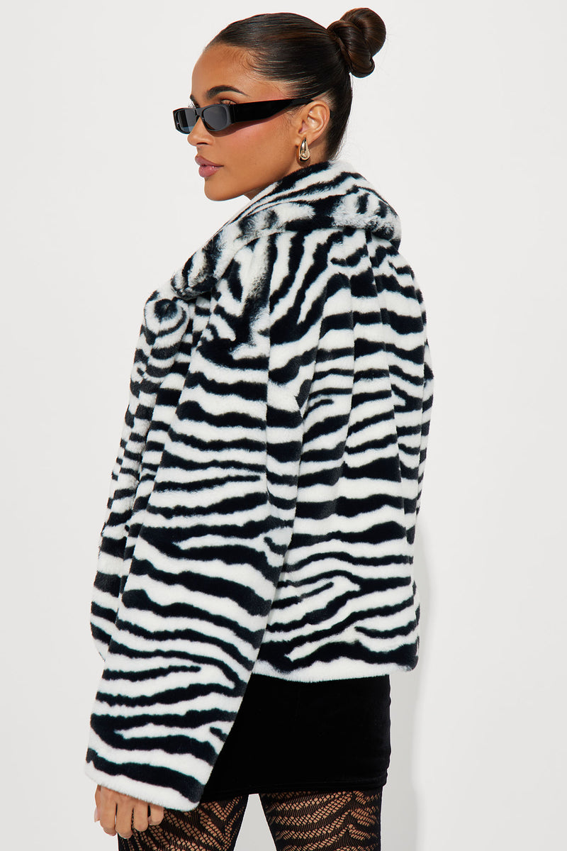 Katie Zebra Faux Fur Jacket Black combo Fashion Nova Jackets