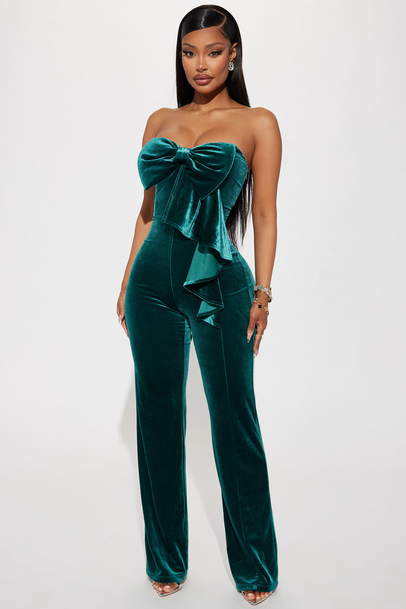 Emerald green velvet store jumpsuit