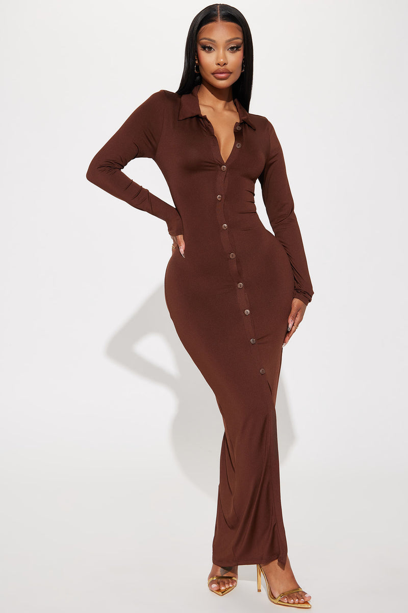 Luna Button Front Maxi Dress Brown Fashion Nova Dresses