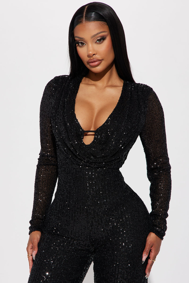 Black sequin shop jumpsuit long sleeve