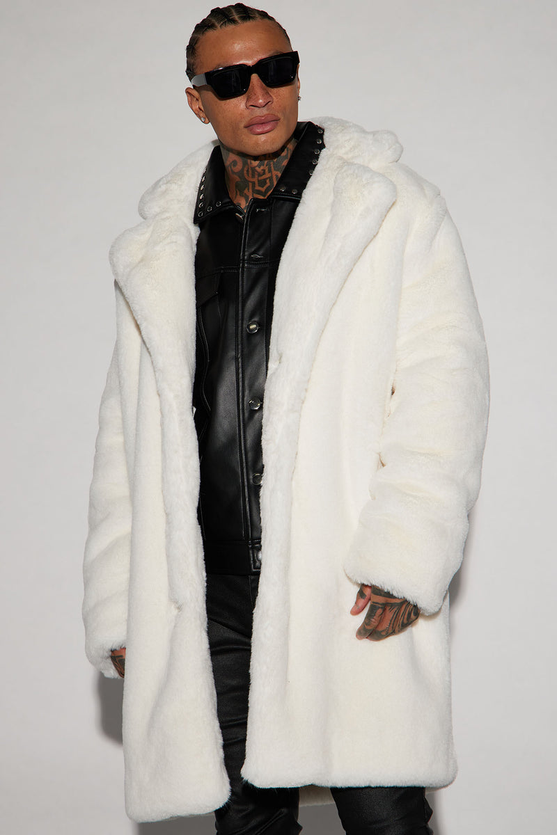 Mens white cheap faux fur coat