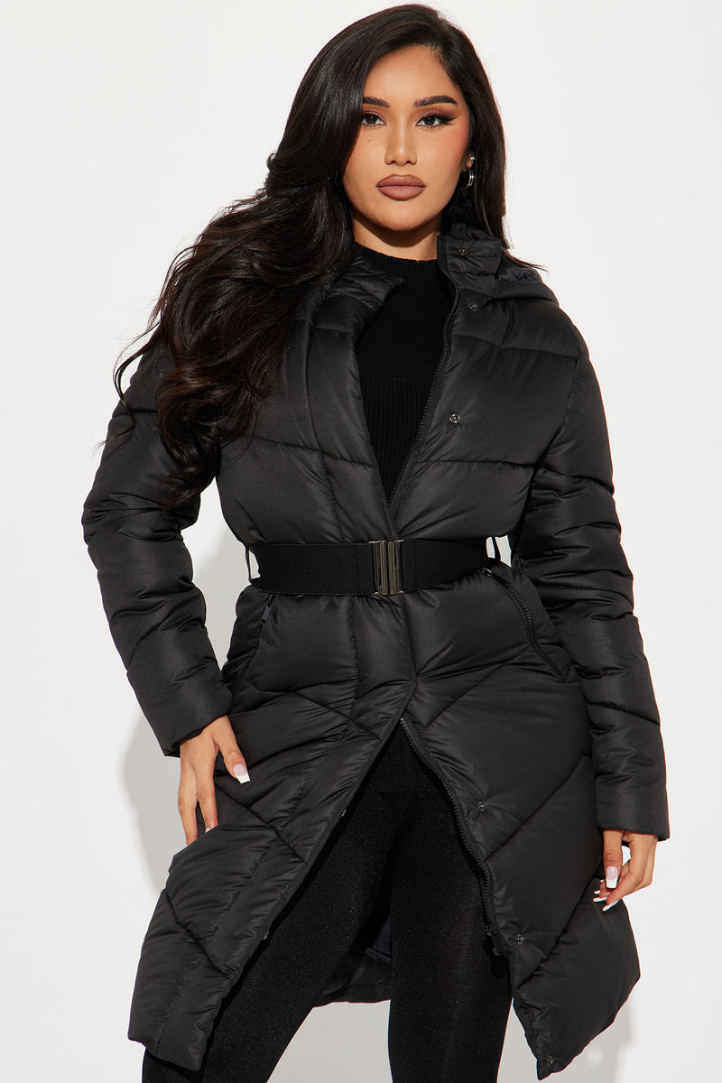 Womens black puffer coat with belt cheap