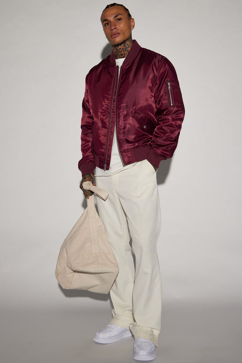 Burgundy bomber jacket outfit mens 2025