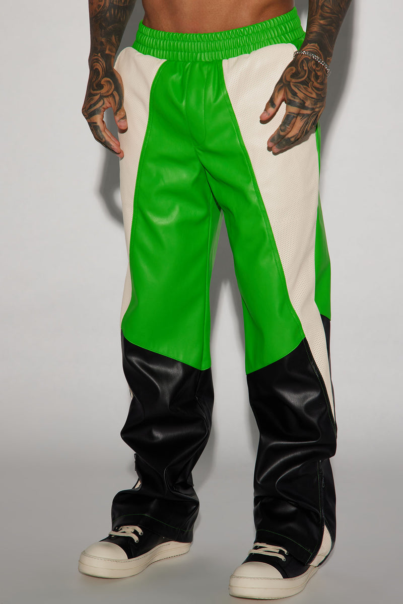 See Through You Faux Leather Track Pants Green combo Fashion